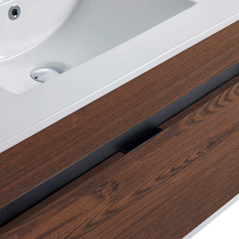 Kynlyn 30'' Single Bathroom Vanity with Ceramic Top, Brown Walnut