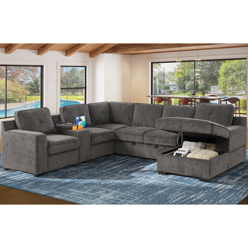 U-Shaped Sectional Sofa Bed Pull Out Sleeper Couch With Storage Chaise, Brown
