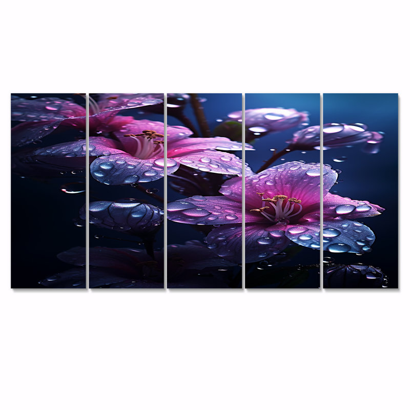 Magenta fleur de lys matin gouttes de rosée I - ensemble d'art mural lys 5 pièces, H 28 po x l 60 po