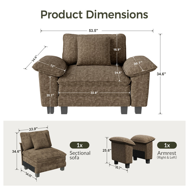 Fauteuil à assise profonde avec coussin décoratif, Chenille brune