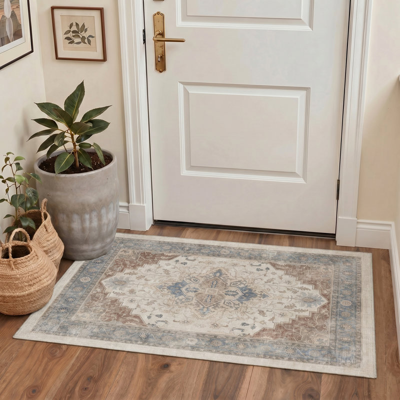 Medallion Traditional Floral Machine Washable Orange / Blue / Beige Indoor Area Rug with Non-Slip Backing, Rectangle 9' x 12'