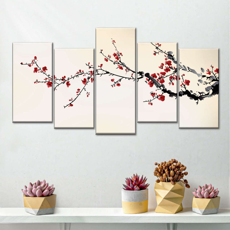 Red Japanese Blossoms Wall Art Multi Piece Canvas Print, H 37 po x l 74 po x P 1,25 po