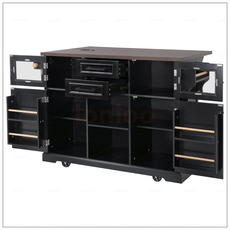 Versatile Kitchen Island With Drop Leaf, Power Outlet, And Storage, Rolling On 4 Wheels For Modern And Rustic Kitchens, Black