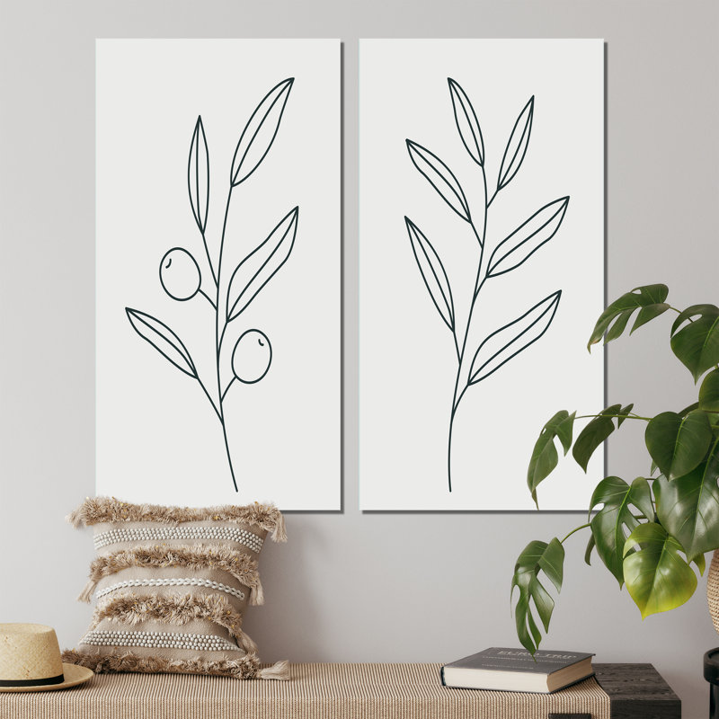 Olive, feuilles d'otaniques et fleur I - ensemble de 2 peintures, H 20 po x l 24 po x P 1 po, Toile tendue