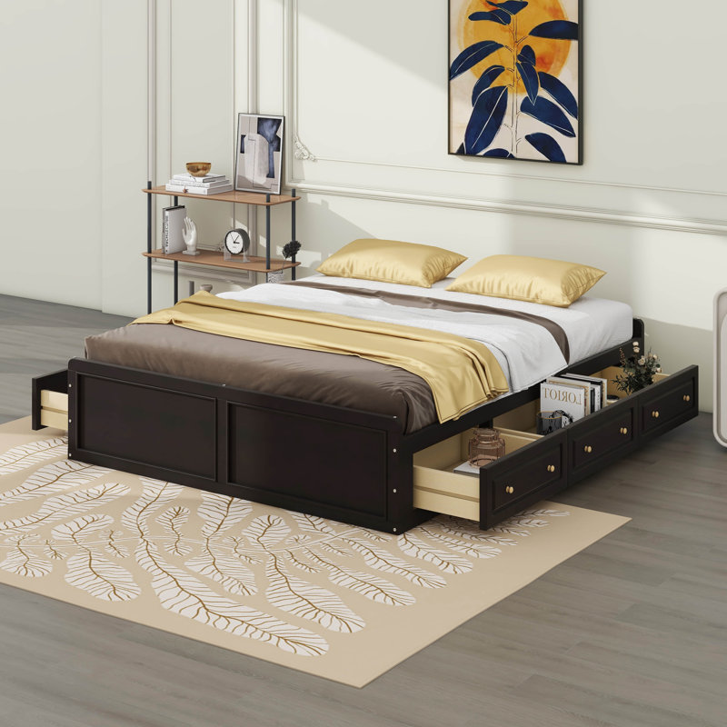 Base de lit plateforme grand en bois avec 6 tiroirs, Espresso