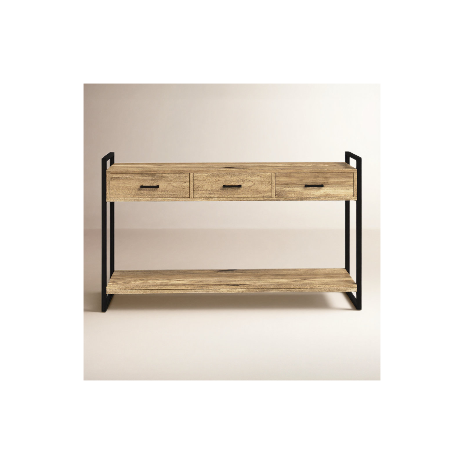 Riverside 54"W Solid Mango Wood Modern Industrial Sofa Table with 3 Drawers, Open Shelf and Metal Frame