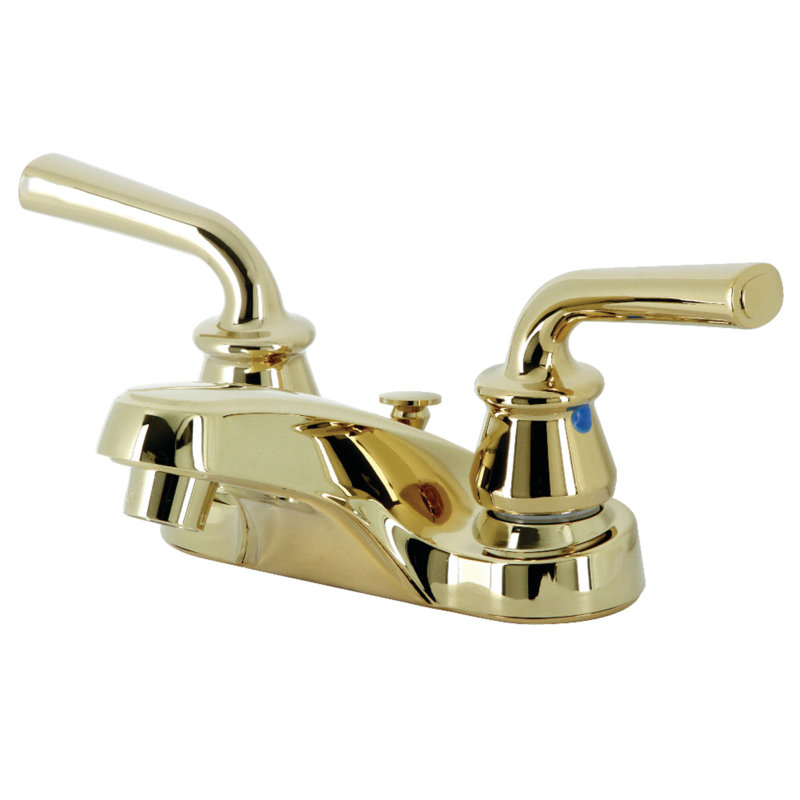 Kingston Brass Restoration Two-Handle 3-Hole Deck Mount 4" Centerset Bathroom Faucet with Brass Pop-Up, Polished Brass