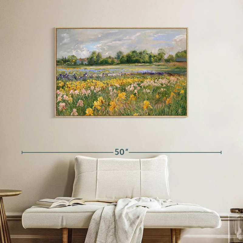 Chalets et champ d'iris, Cadre flottant en bois naturel, 40 po x 27 po