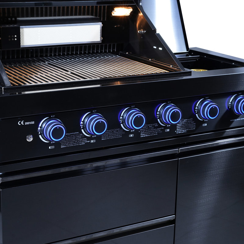 Barbecue professionnel au gaz noir à quatre brûleurs pour la cuisine extérieure, avec grilles amovibles et barbecue en acier inoxydable naturel facile d'entretien, nettoyage d'ingénierie à rendement élevé dans les espaces