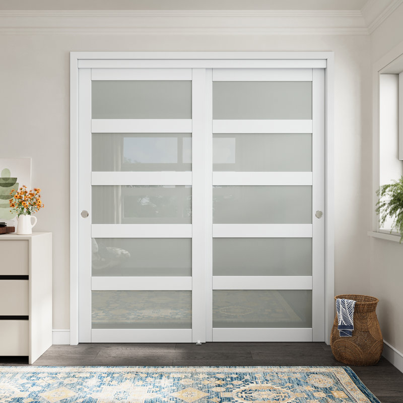 Porte coulissante 80 po en verre trempé blanc 5 Lite avec quincaillerie et poignées noires, L 72 po x H 80 po