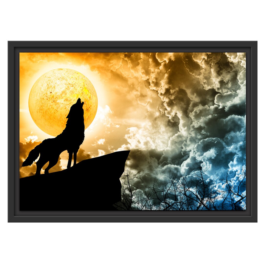 Gerahmtes Wandbild Wolf heult den Mond an