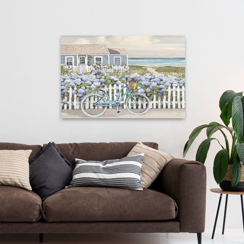 Beach Beach - Coastal Coastal Cottage Hydrangeas Picket Fence Art, H 48 po x l 32 po