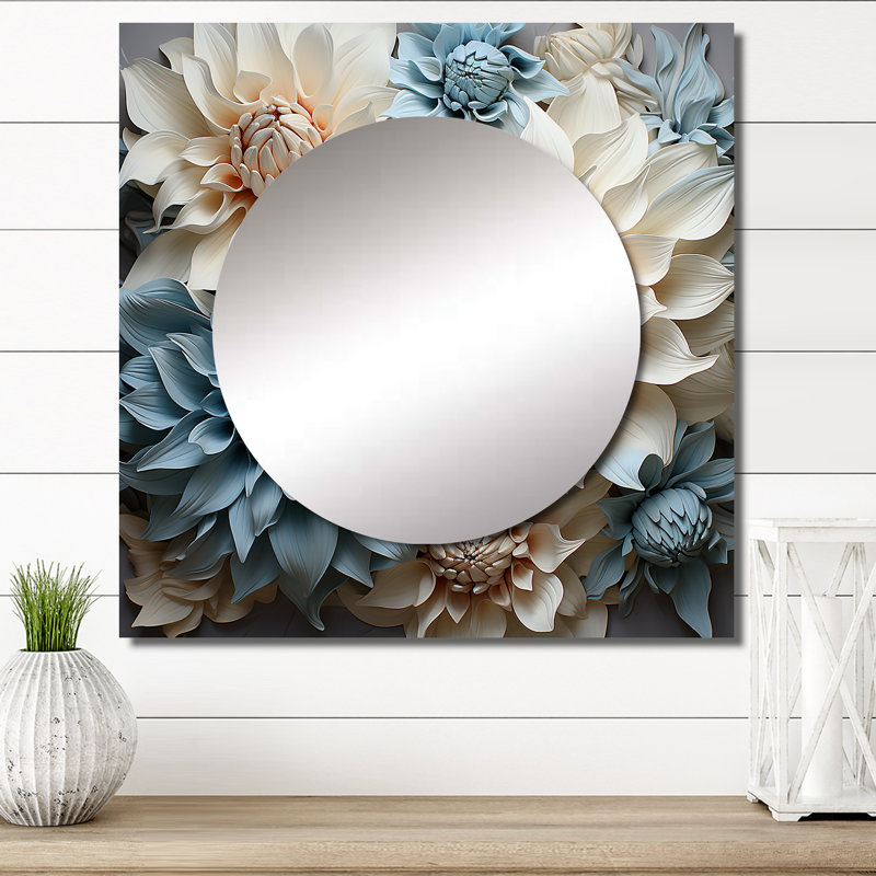 Yoseloff - art mural miroir floral et botanique carré blanc et bleu Dahlia Symphony IV pour salle de bain, 36 po x 36 po