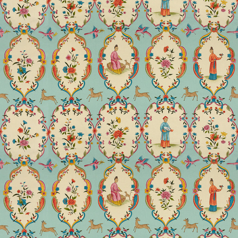 Geisha 100% Cotton Fabric, Sky/Rose