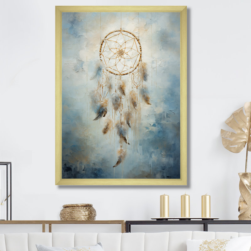 «Tranquility White and Blue Dreamcatcher II», reproduction sur toile, Cadre doré simple, H 40 po x l 30 po x P 1,5 po