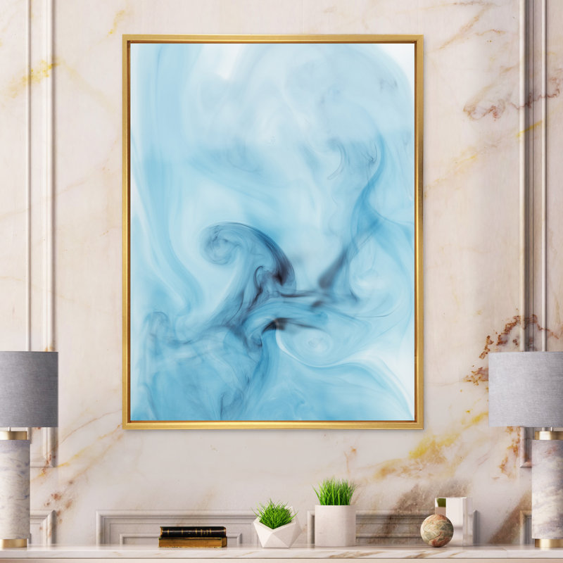 Peinture abstraite bleue marbrée - art mural moderne sur toile, H 8 po x l 12 po x P 1 po, Cadre flottant doré