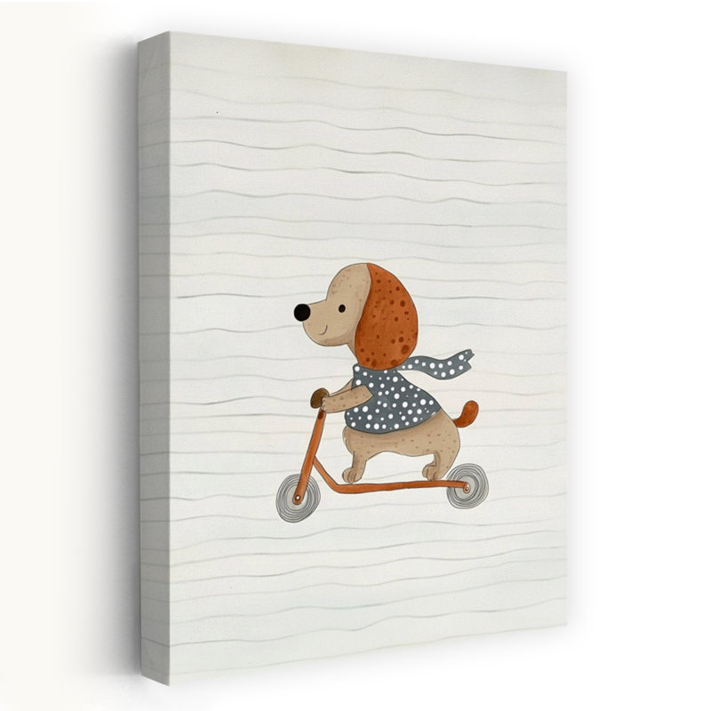 Happy Dog Scooter Ride Playful Whimsical Contemporary Dog Wall Art Print by Mathieu - Wrapped Canvas Print