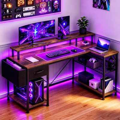 L-Shaped Metal Base Computer Desk with Power Outlet