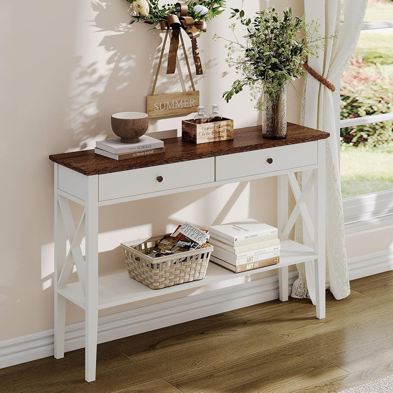 Console avec tiroirs et tablette Farmhouse - blanc et brun
