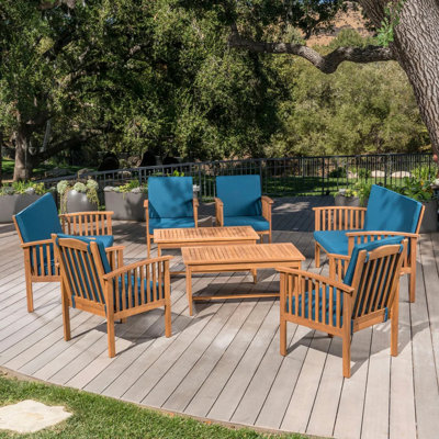 Outdoor acacia wood sofa set – 8-piece patio furniture with water-resistant cushions, brown patina/teal blue