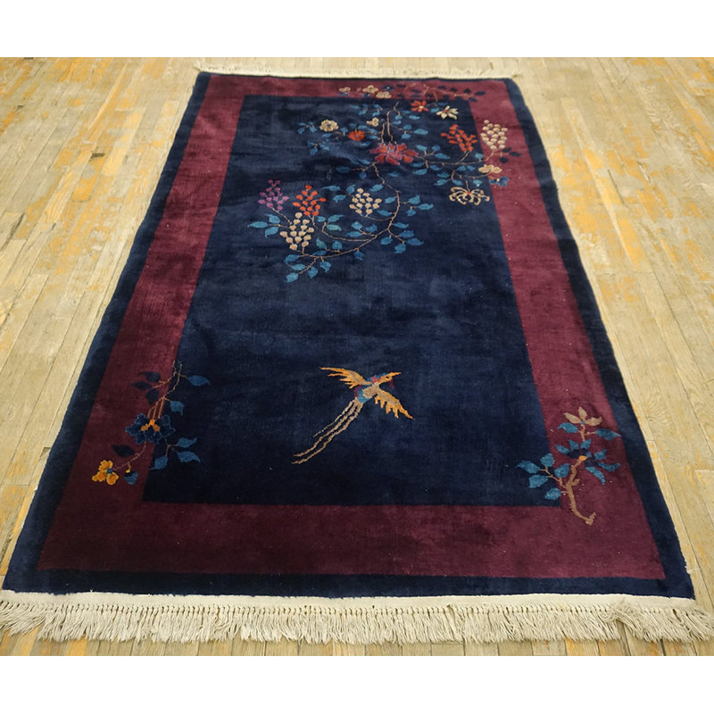 Small Antique Floral Bird Pattern Navy Blue Color Chinese Art Deco Carpet