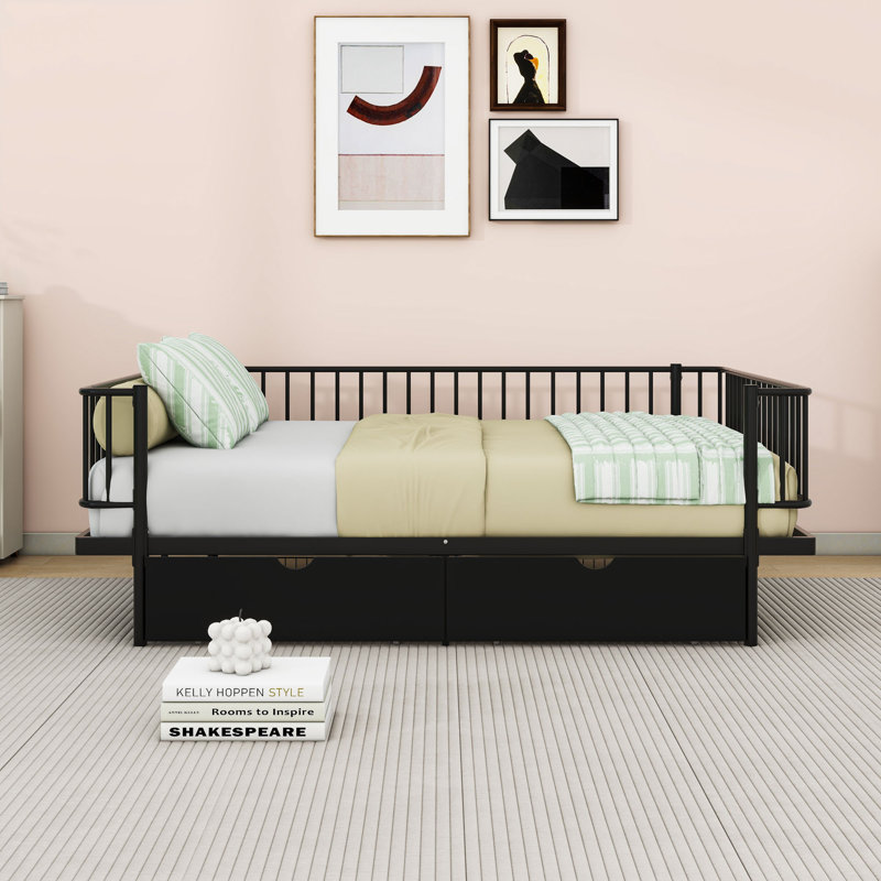 Metal Platform Bed with 2 Drawers and Slats, Full, Black