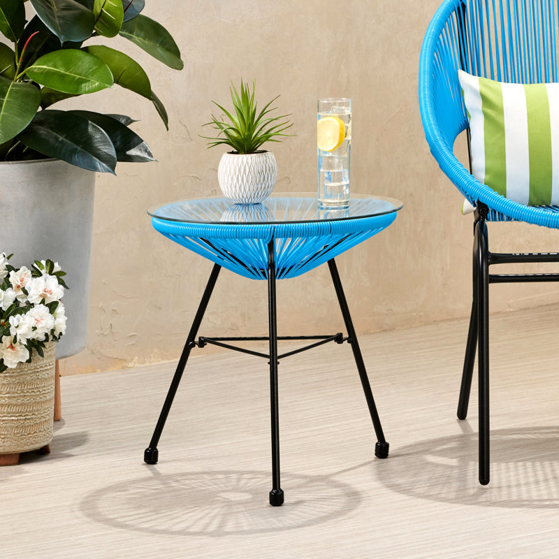 Table d'appoint en verre trempé avec base tissée bleue, l 17,8 po x P 17,8 po, H 17,58 po
