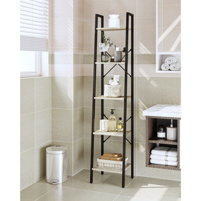 Ladder Shelf, Bookshelf Bookcase, Freestanding Corner Storage Shelve with 2 Hooks for Home Office, Living Room, Kitchen, Bedroom, Industrial, 11.8" D x 13.4" W x 63" H, Greige Black