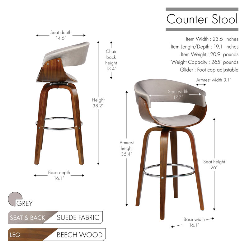 Tabouret de bar pivotant Brindley, Gris, Tabouret de comptoir (assise de 26 po de hauteur)