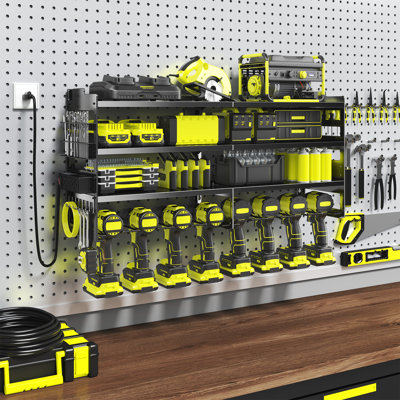 Power Tool Organizer with Charging Station, Heavy Duty Wall Mount Tool Storage Rack, Cordless Drill Holder and Battery Storage Shelf for Garage, Workshop, and Shed