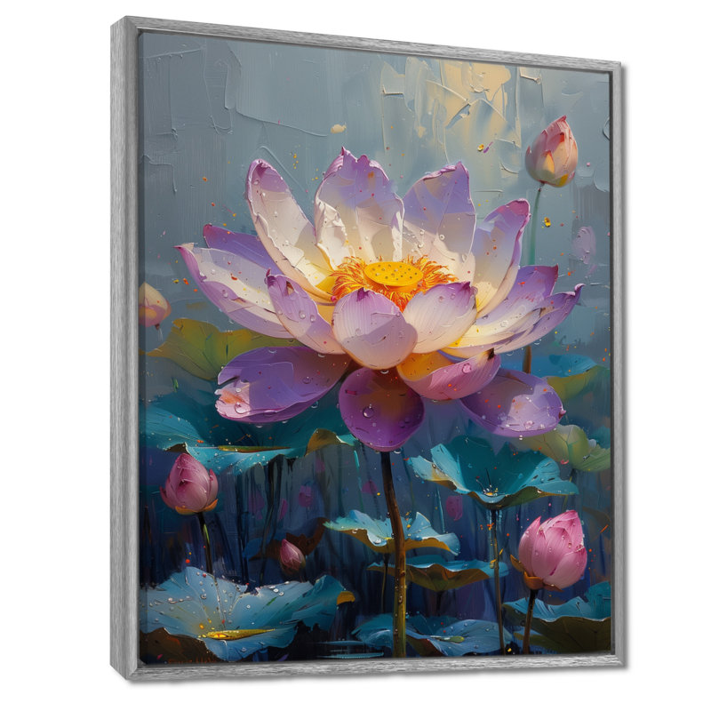 Mauve, gris, lotus, étang, Bloom II - lotus, art mural, Encadrement argenté, H 24 po x l 32 po