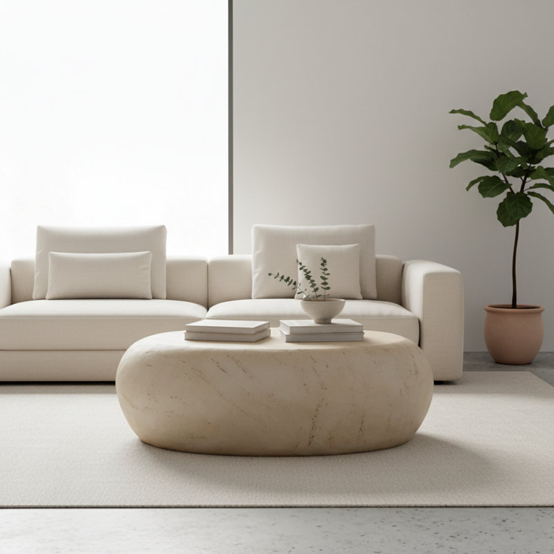 Table basse ronde Mid-Century | Table d'appoint en faux pierre beige | Idée de cadeau