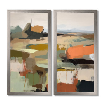 Green And Beige Transcending Reality - Abstract Painting Canvas Print, Green Abstract Wall Art 2 Piece