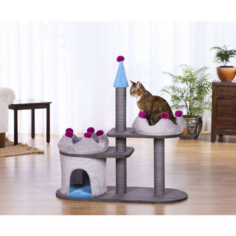 Gray and Blue Faux Fleece Castle Cat Tree with Perches