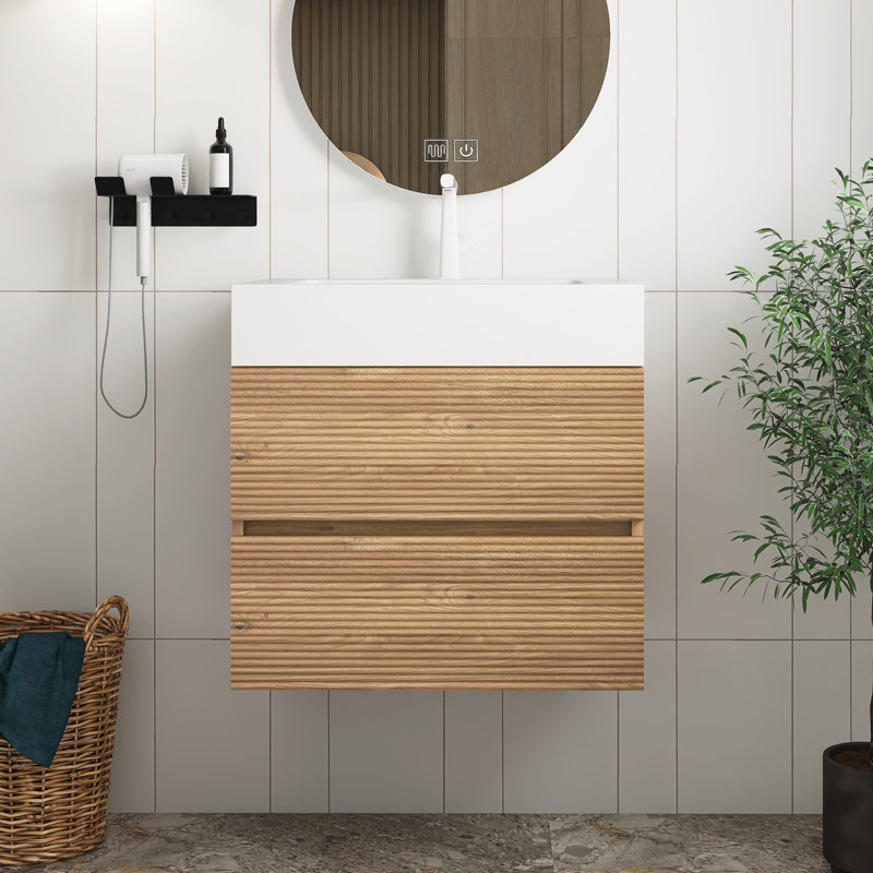Modern Bathroom 24 Inch Rough Oak Bathroom Vanity With One-Piece Glossy White Engineered Quartz Sink And Soft Drawers, Wall Mounted Floating Bathroom Vanity