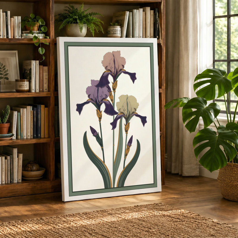 Three Irises in Bloom Botanical - Wrapped Canvas, 36x24 - 91.4 x 61.0 cm, Black Border