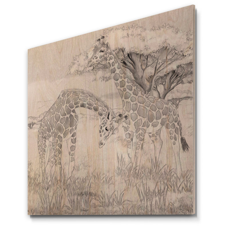 Girafes noires et blanches en safari - impression traditionnelle sur bois, H 30 po x l 30 po x P 1 po
