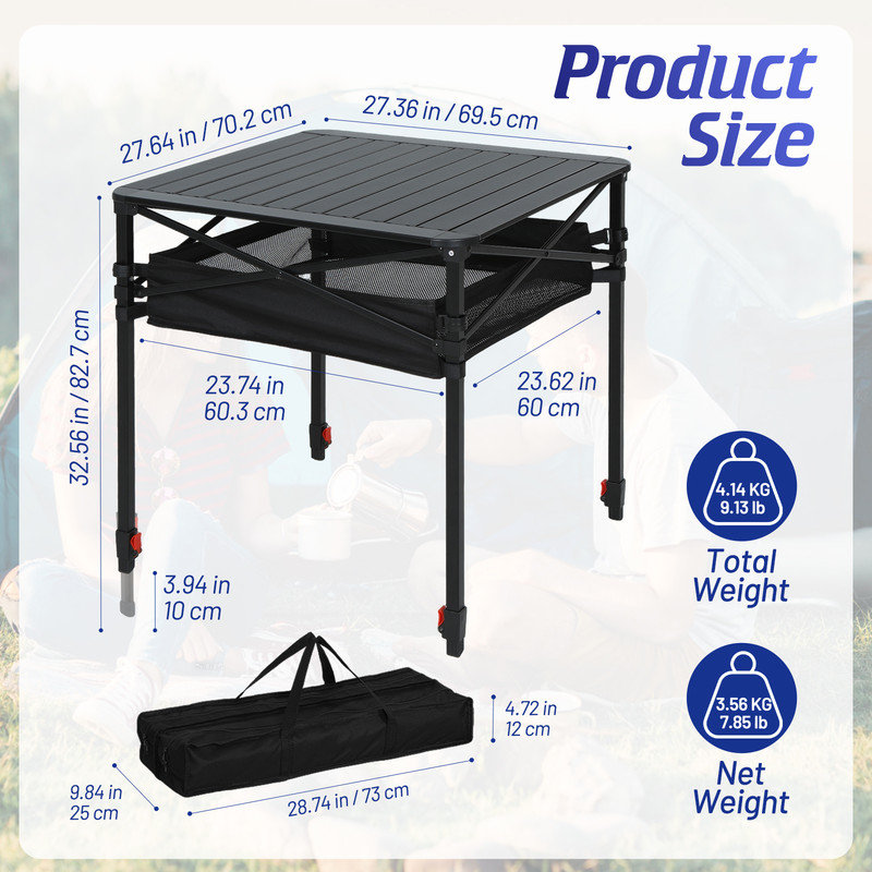 Table de camping portable à roulettes, conception pliable à hauteur réglable avec sac de transport pour l'extérieur et le patio (grand)