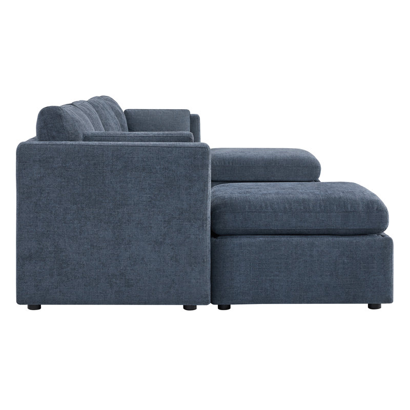 Winfree 6 - Piece 146.5" Upholstered Modular Sectional Sofa with 2 Ottoman, Blue Linen Blend