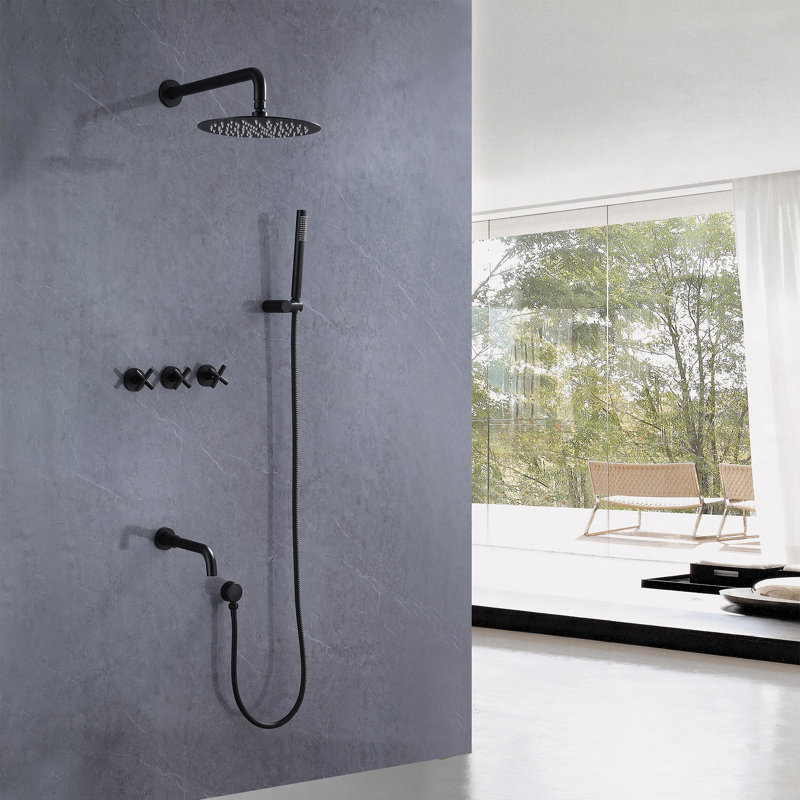 13.78" Wall Mounted Thermostatic Complete Shower System with Rough-in Valve, Matte Black