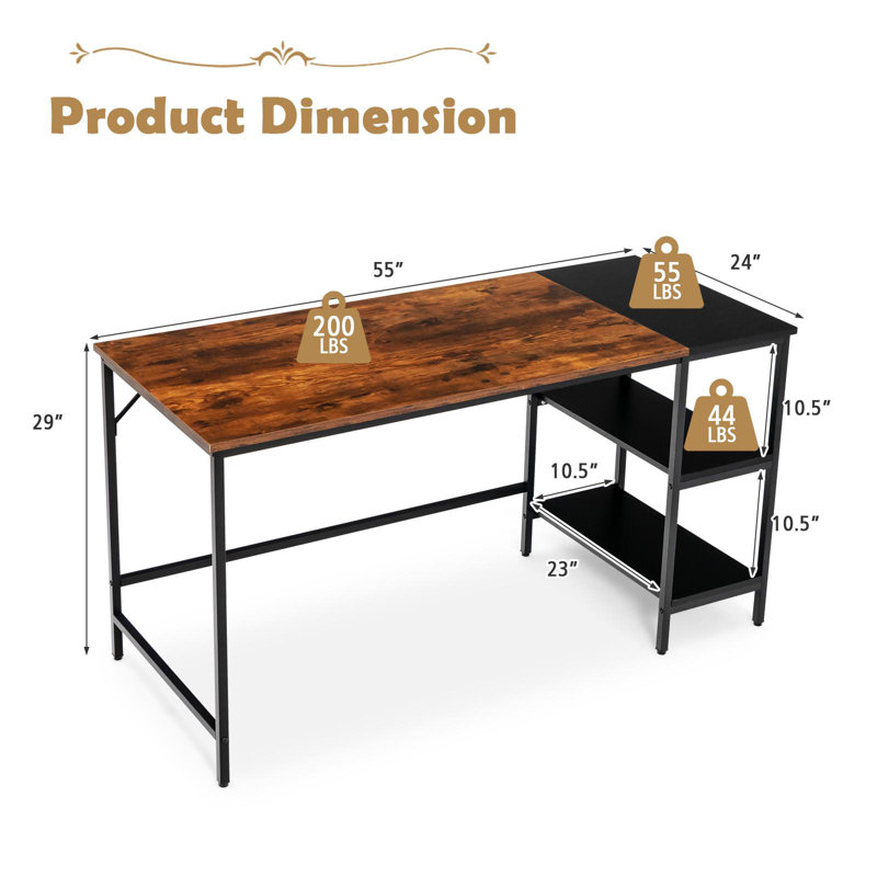 Coarben L-Shaped Metal Base Computer Desk, Brown/Black