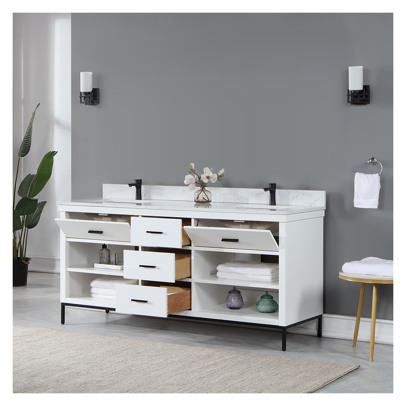 Adaire 72'' Double Bathroom Vanity, Matte Black, White