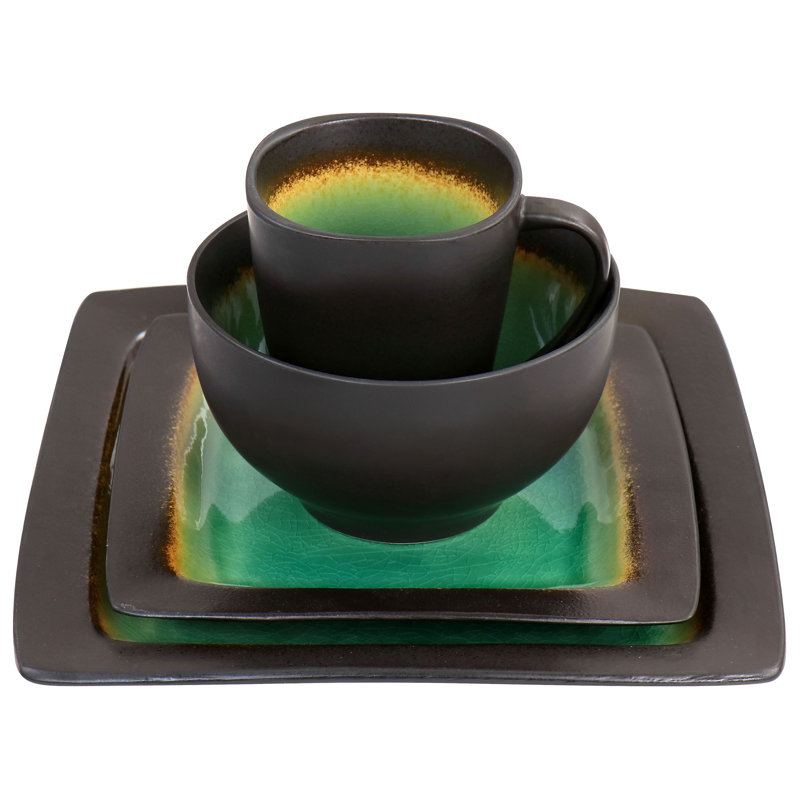 Green Floral Ceramic Square Dinnerware Set, Service for 4