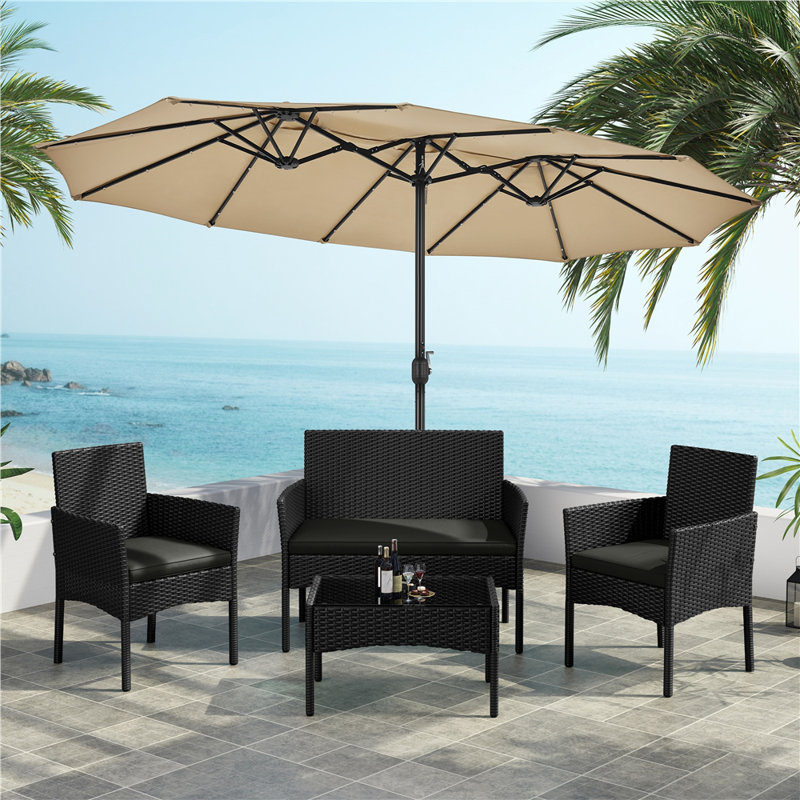 Colour Outdoor All Weather Wicker 4 - Person Seating Group with Cushions, Black, Grey