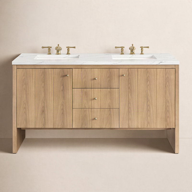 Hudson 60'' Double Bathroom Vanity with Top, Ethereal Noctis, 8" Widespread, Light Natural Oak