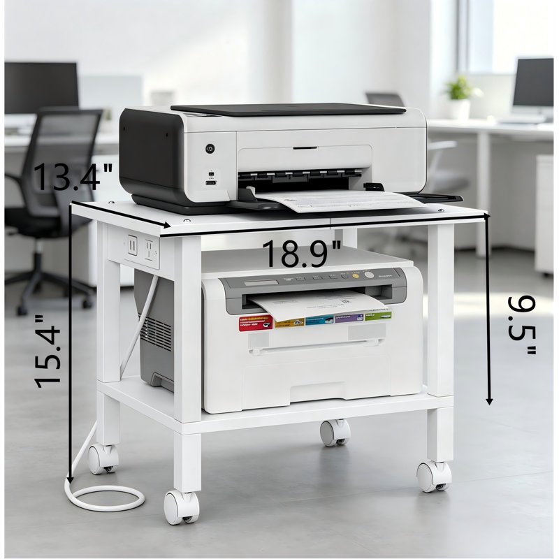 Support pour imprimante à roulettes à 2 niveaux avec roulettes, prises de courant et ports USB