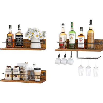 Wall-Mounted Wine Rack Set Of 3, Floating Bottle & Glass Holder Shelves, Rustic Brown & Black