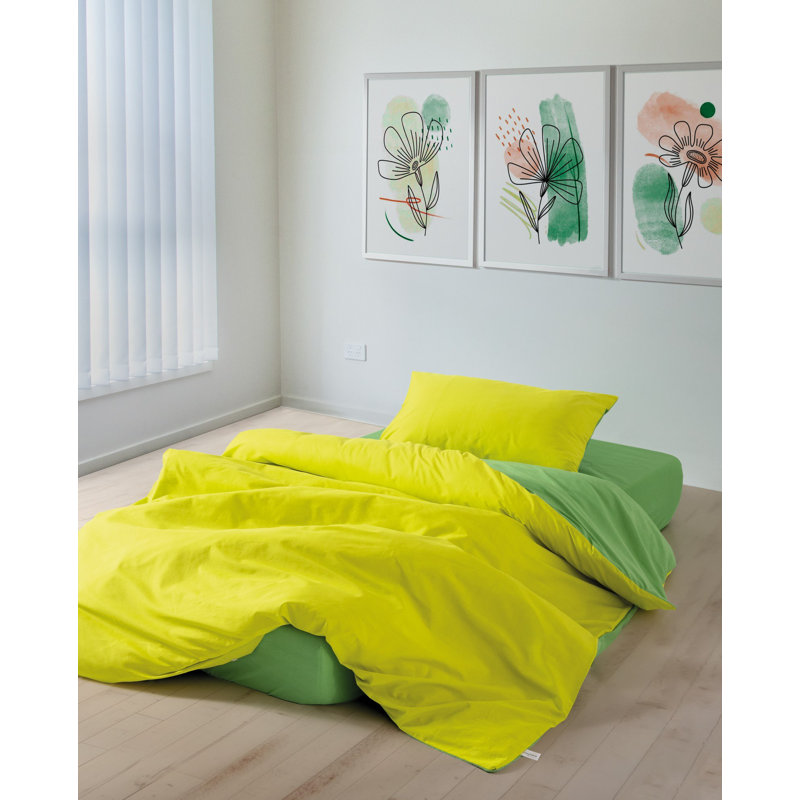 100% Cotton Ranforce Quilt Cover Set, Yellow & Green | Includes Duvet Cover (63 x 87), Fitted Sheet (39 x 79 + 11.8), & Pillowcase (19.7 x 27.6) | Reactive Printing, Machine Washable, Envelope & Button Closure