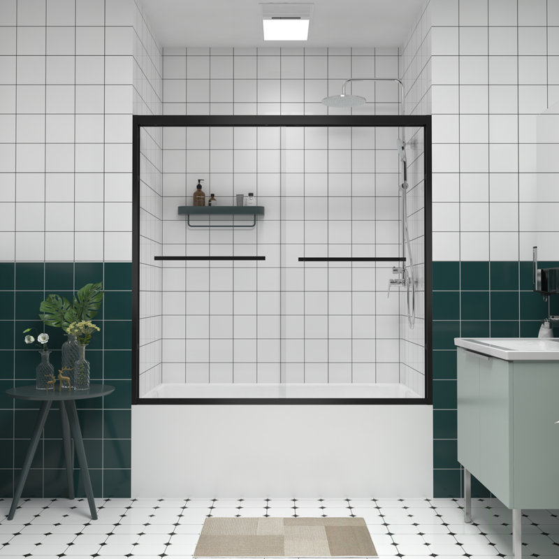 Pare-baignoire coulissant réglable en aluminium avec verre trempé transparent, quincaillerie noire et conception imperméable pour salles de bain modernes, porte de douche