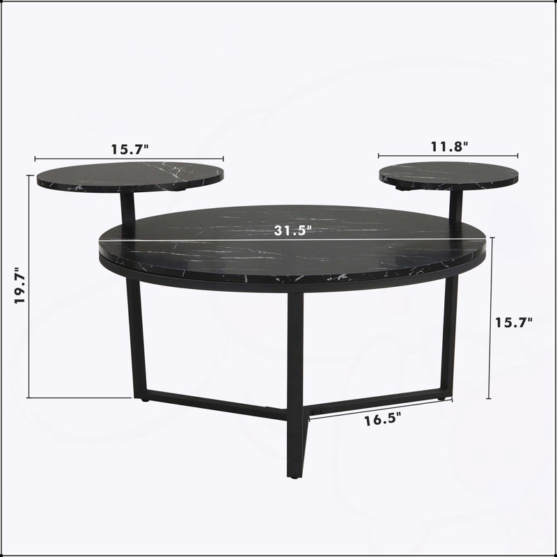 Modern Round Coffee Table with Two Display Shelves, Surfaces, and Tripod-Inspired Metal Base